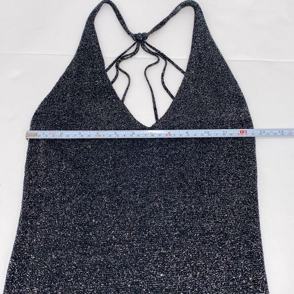 WYLDR Black With Silver Stitch Halter Strap Cross Back Mini Dress Size S/M - Picture 10 of 11